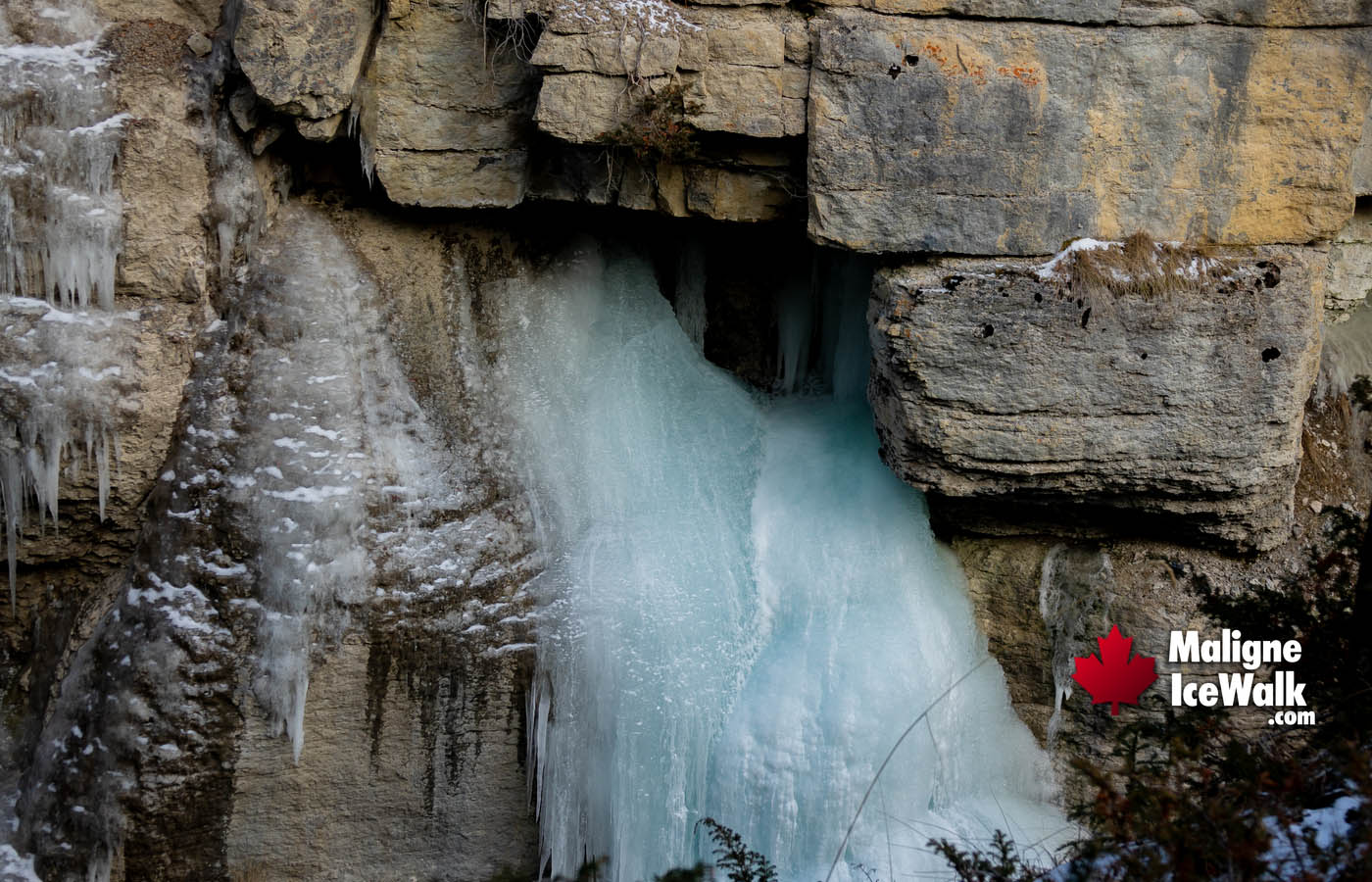 Frozen Water from Ice Caves Inside Maligne Canyon Ice Walk